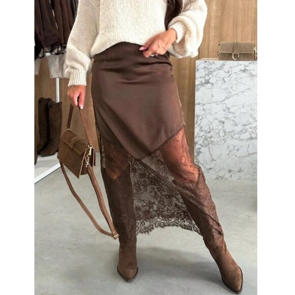 Chocolate Satin & Lace Midi Skirt | Elegant High-Waist Sheer Lace Hem Skirt - Picture 2 of 3